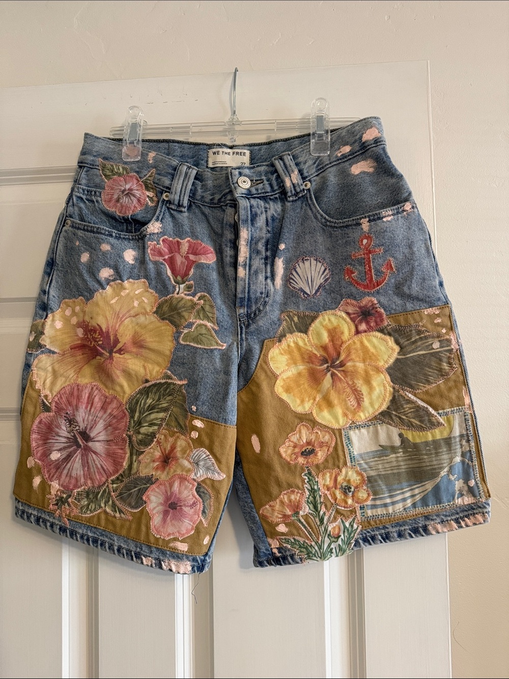 We The Free Blue Denim Shorts with Yellow and Pink Floral Patches LIKE NEW!